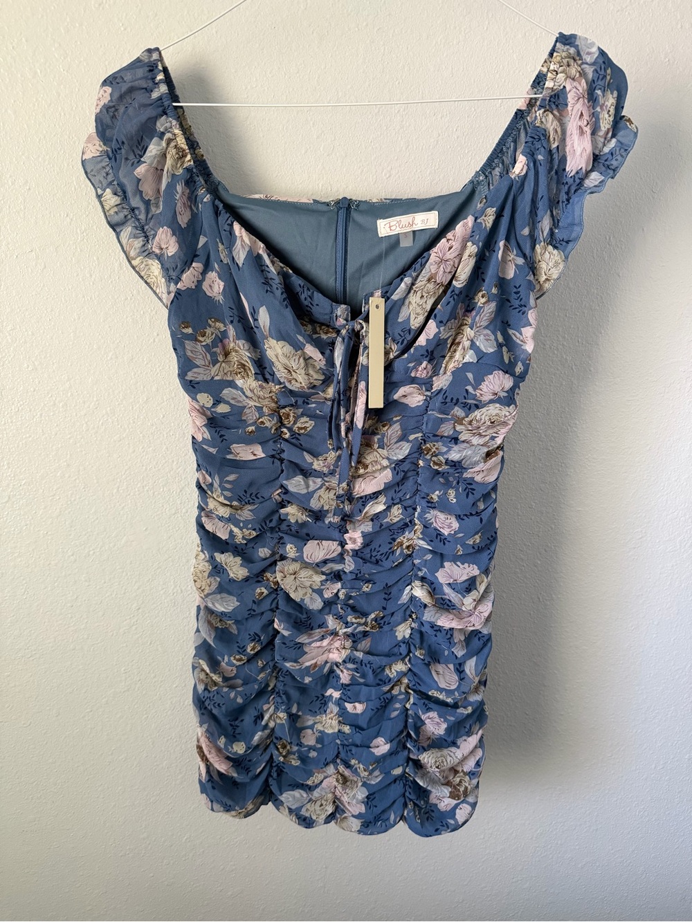 Blush Blue Floral Ruched Dress with Pink and Cream Blooms